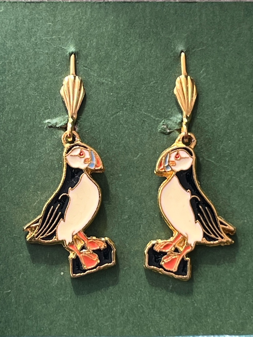 New Old Stock Gold Puffin Enamel Drop Earrings - Birds of Canada